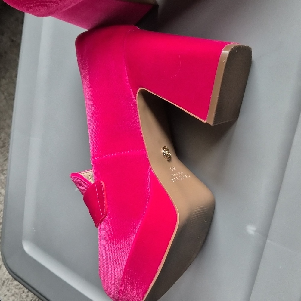 CeCe Hot Pink Velvet Block Heel Loafers - Picture 3 of 4